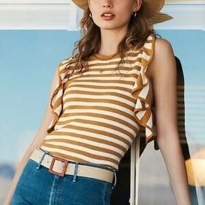 Anthropologie Jillian Flutter Sleeve Knit Top Yellow Mustard Striped Size XS